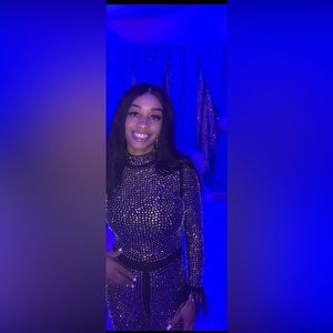 Boutique Black sheer rhinestone feather trim jumpsuit